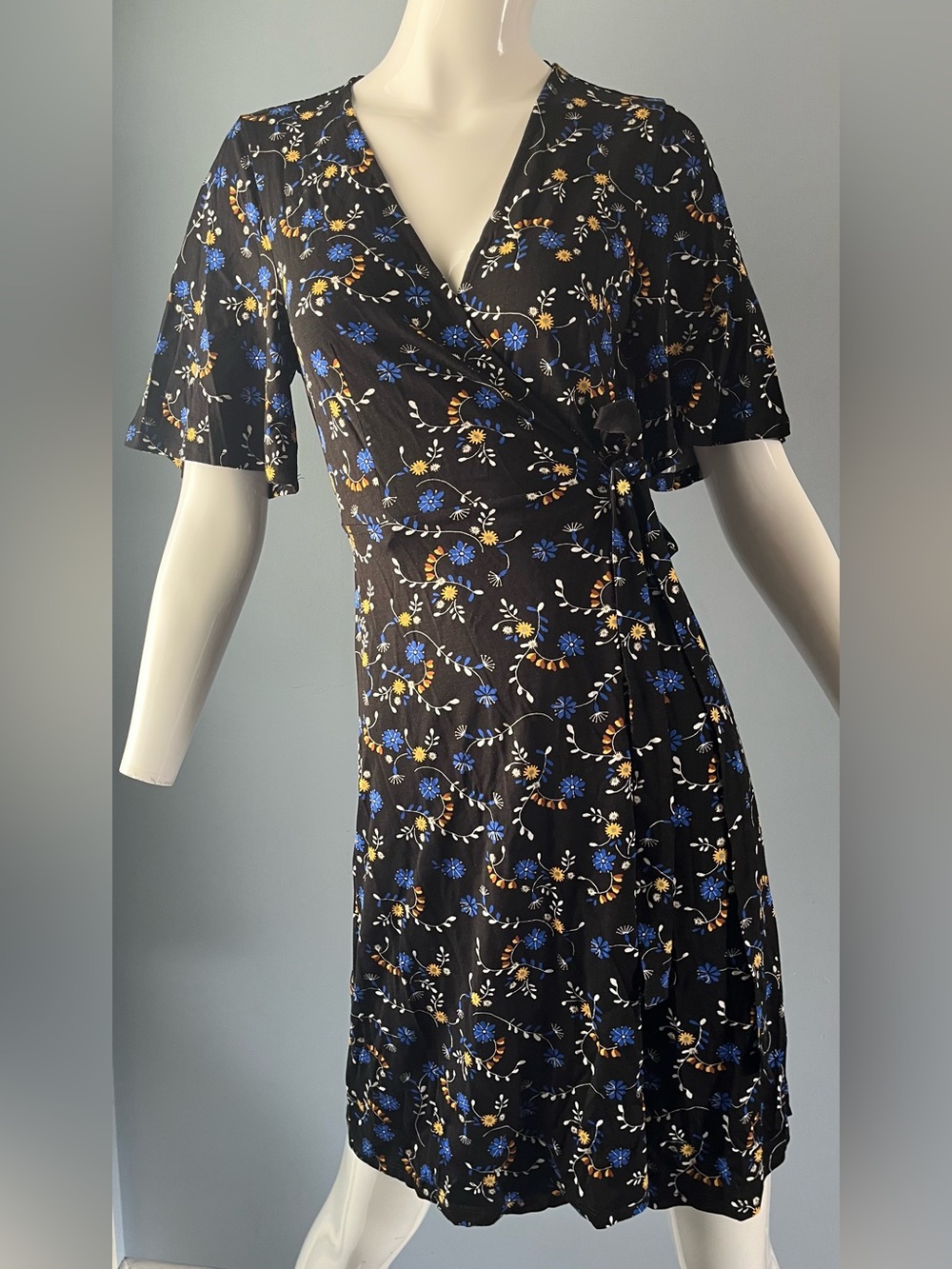 NWT Primark Atmosphere Black Midi Wrap Dress Blue & Yellow Floral Print Size 8